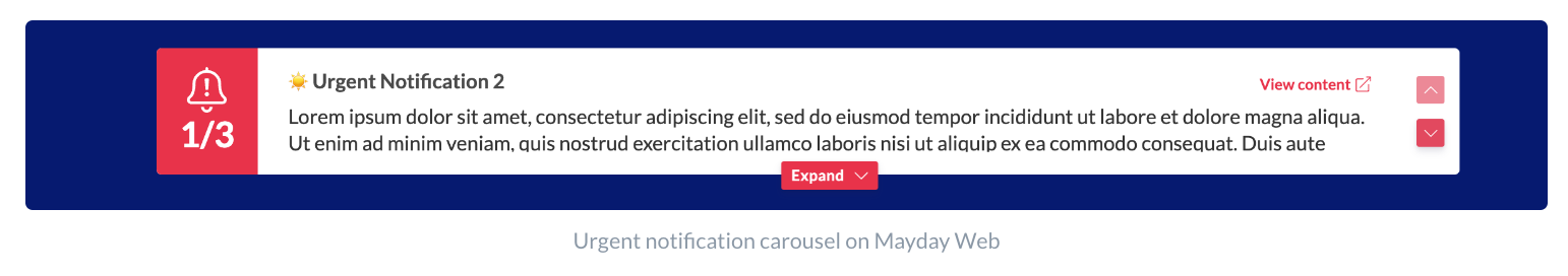 Urgent notification carousel on Mayday Web