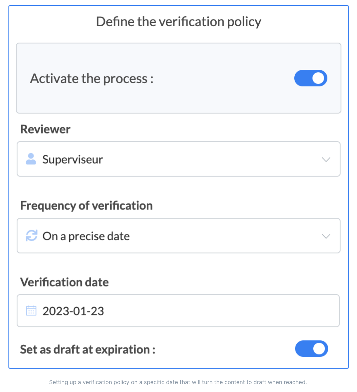 Setting up a verification policy on a content