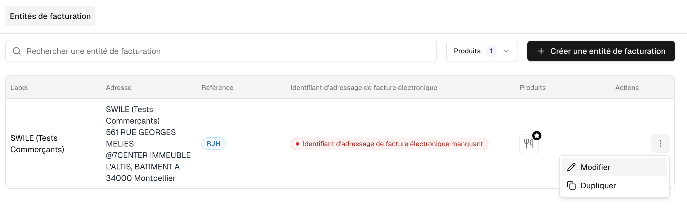 Menu Modifier en bout de ligne